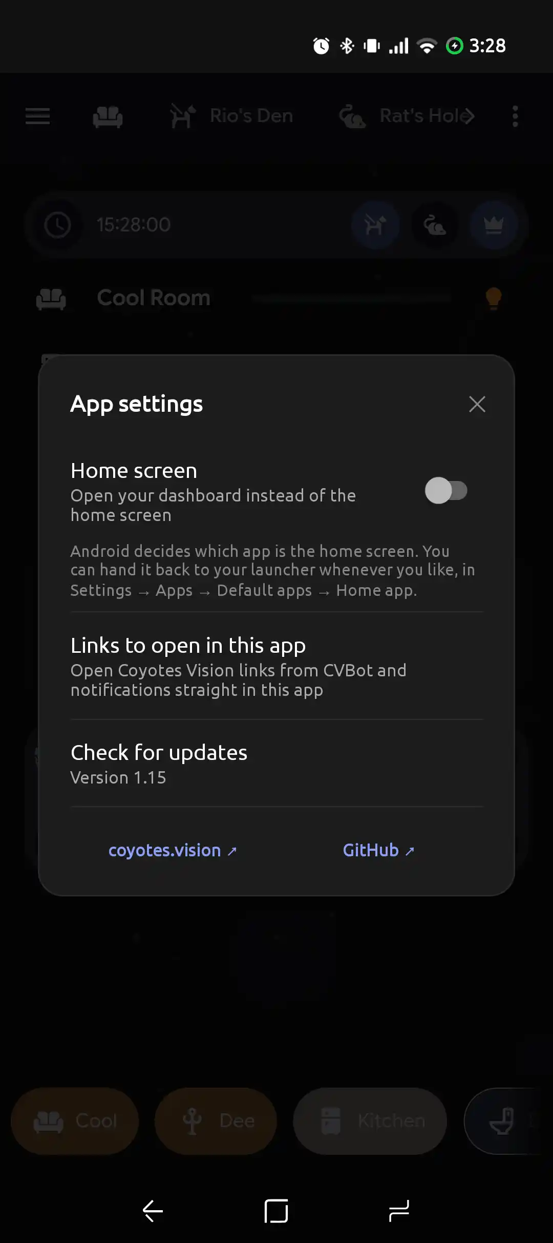 App settings — home screen mode and update check