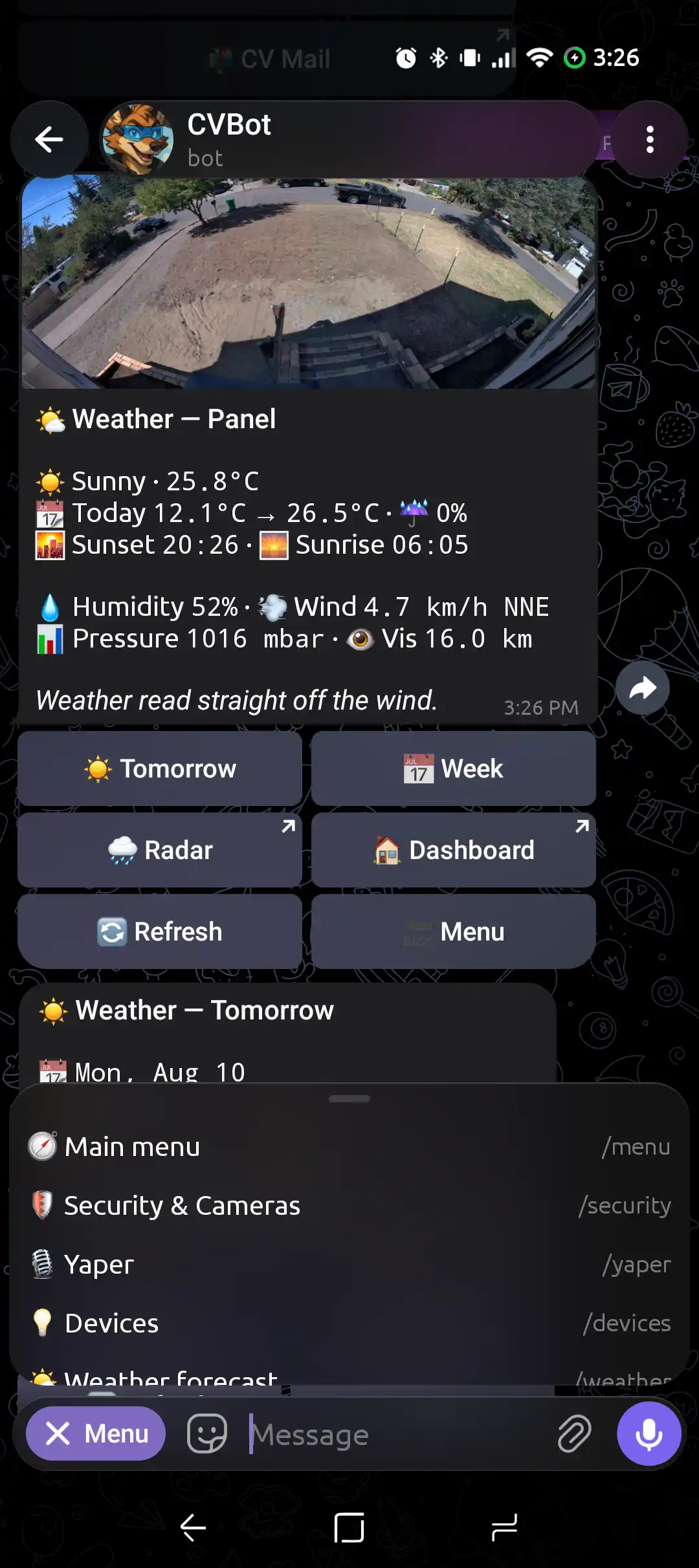 Weather panel and menu in Telegram