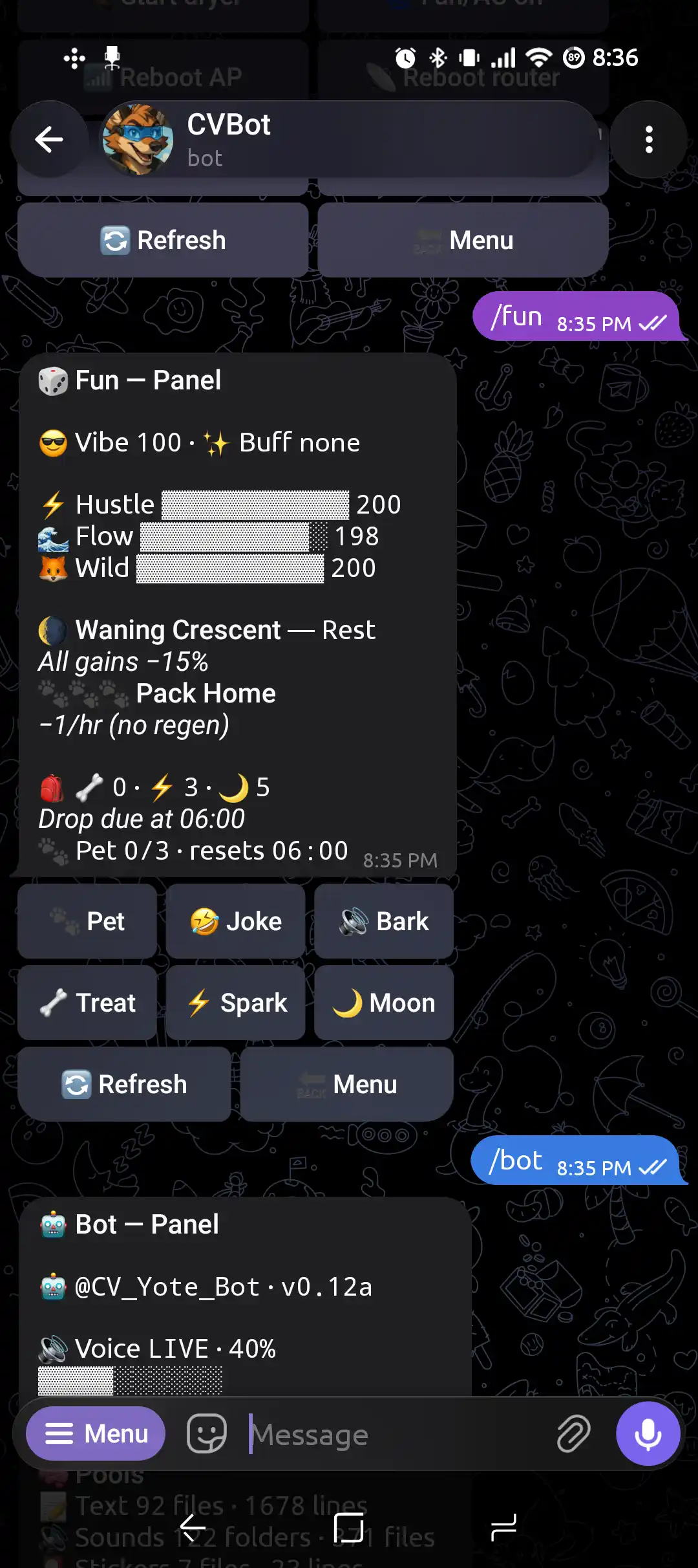 CVBot's Fun panel — mood and stats