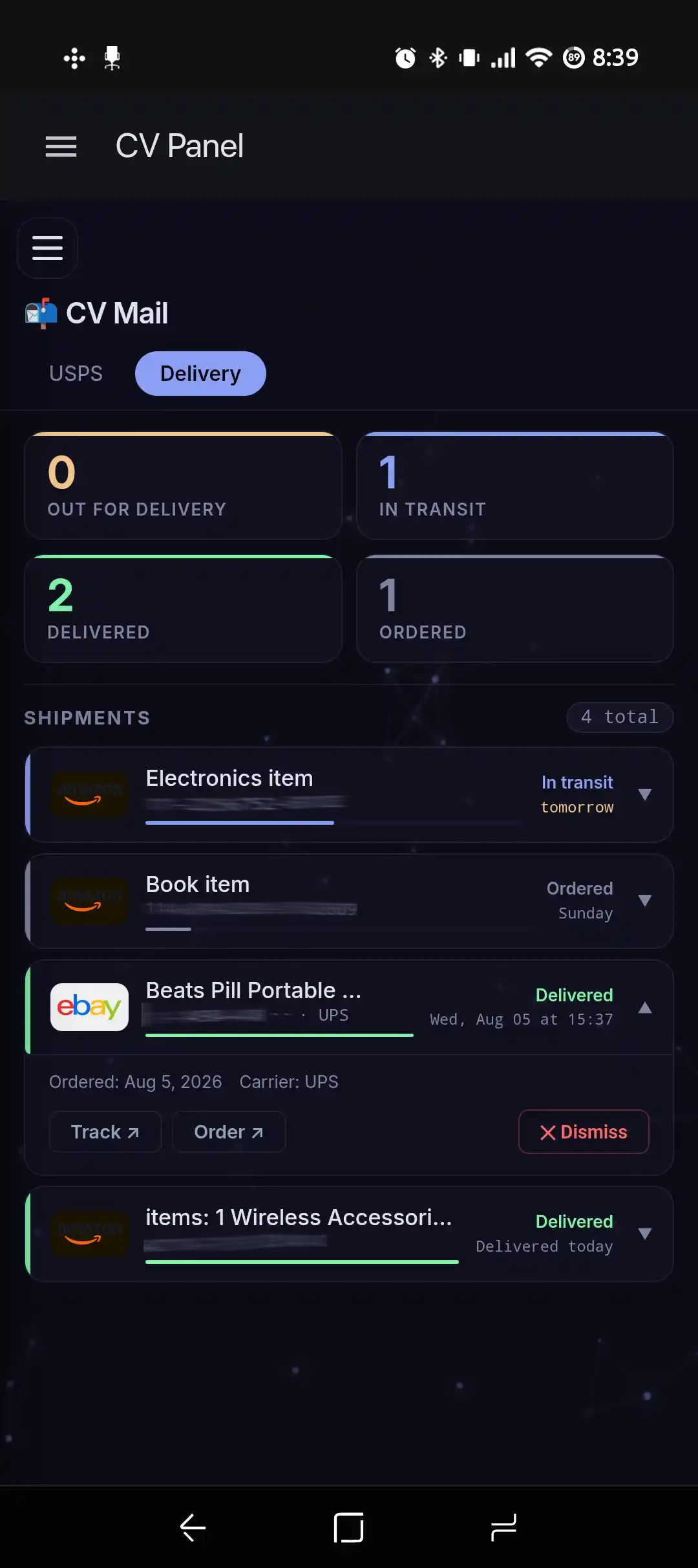 Delivery status counts and shipment list