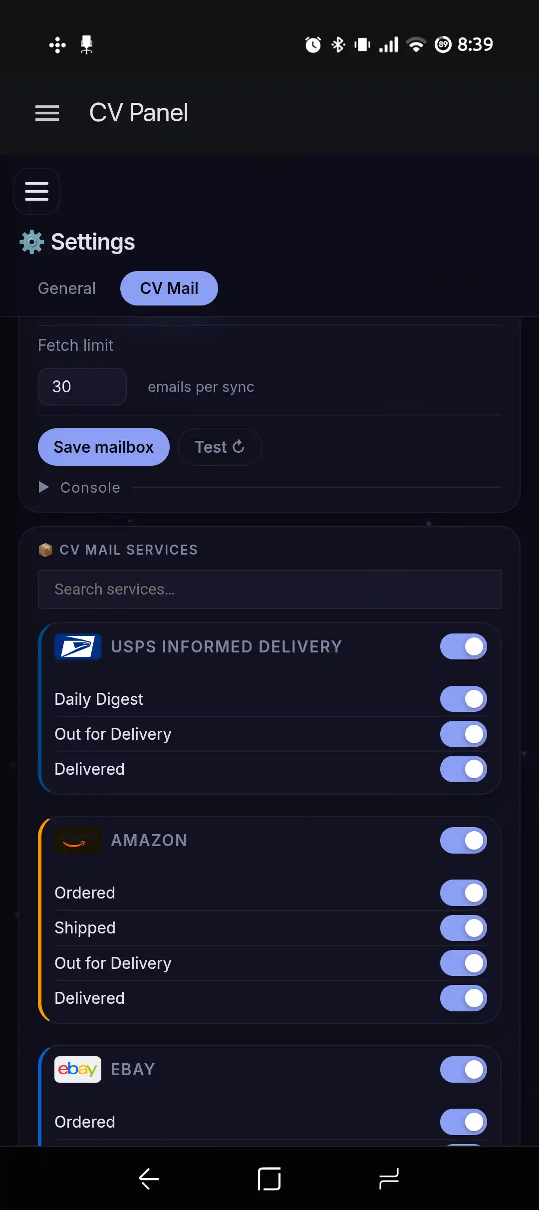 Per-retailer mail service settings