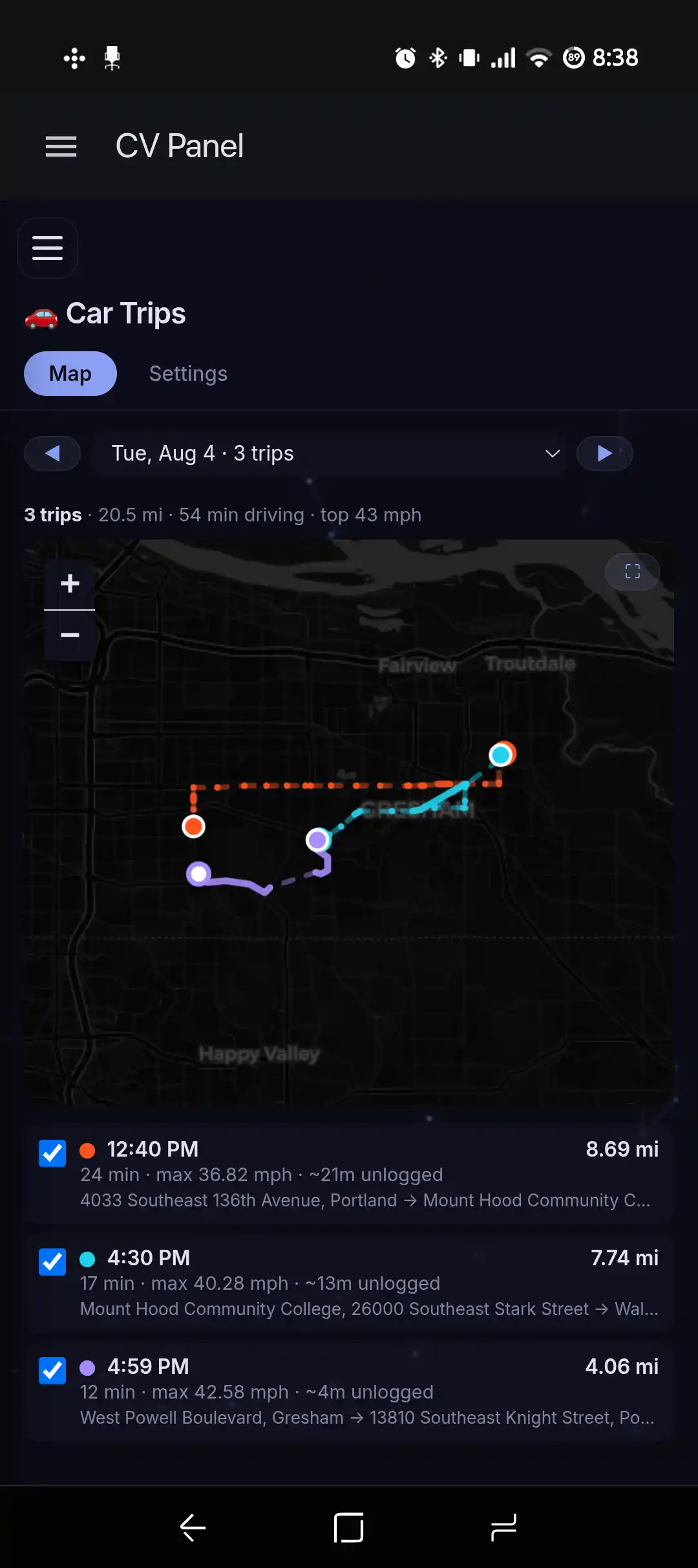 Car trips drawn on a map