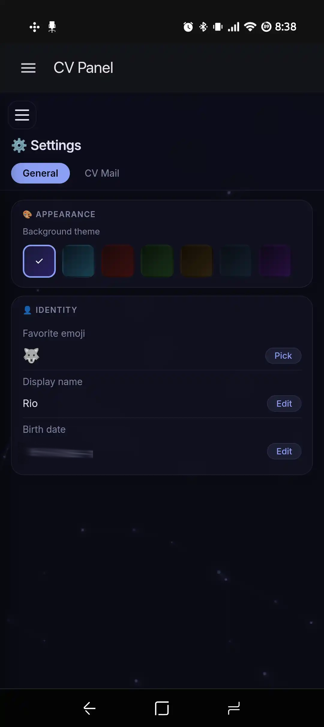 CV Panel settings — appearance and identity